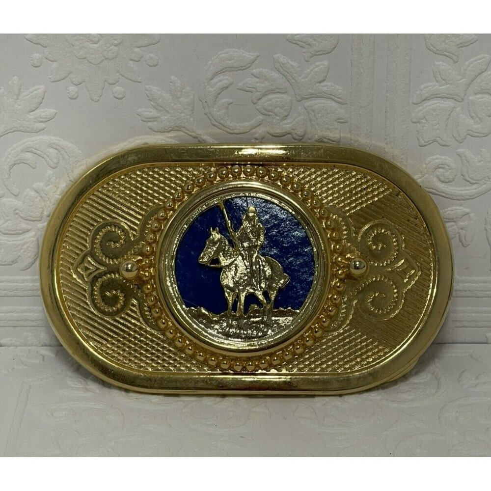 Indian Warrior Fashion Belt Buckle Made in USA Gold With Blue Background Vintage